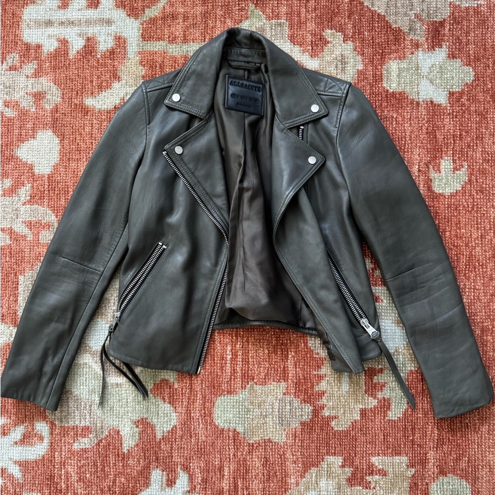 All Saints Women's Leather Jacket - Dark Gray/Green